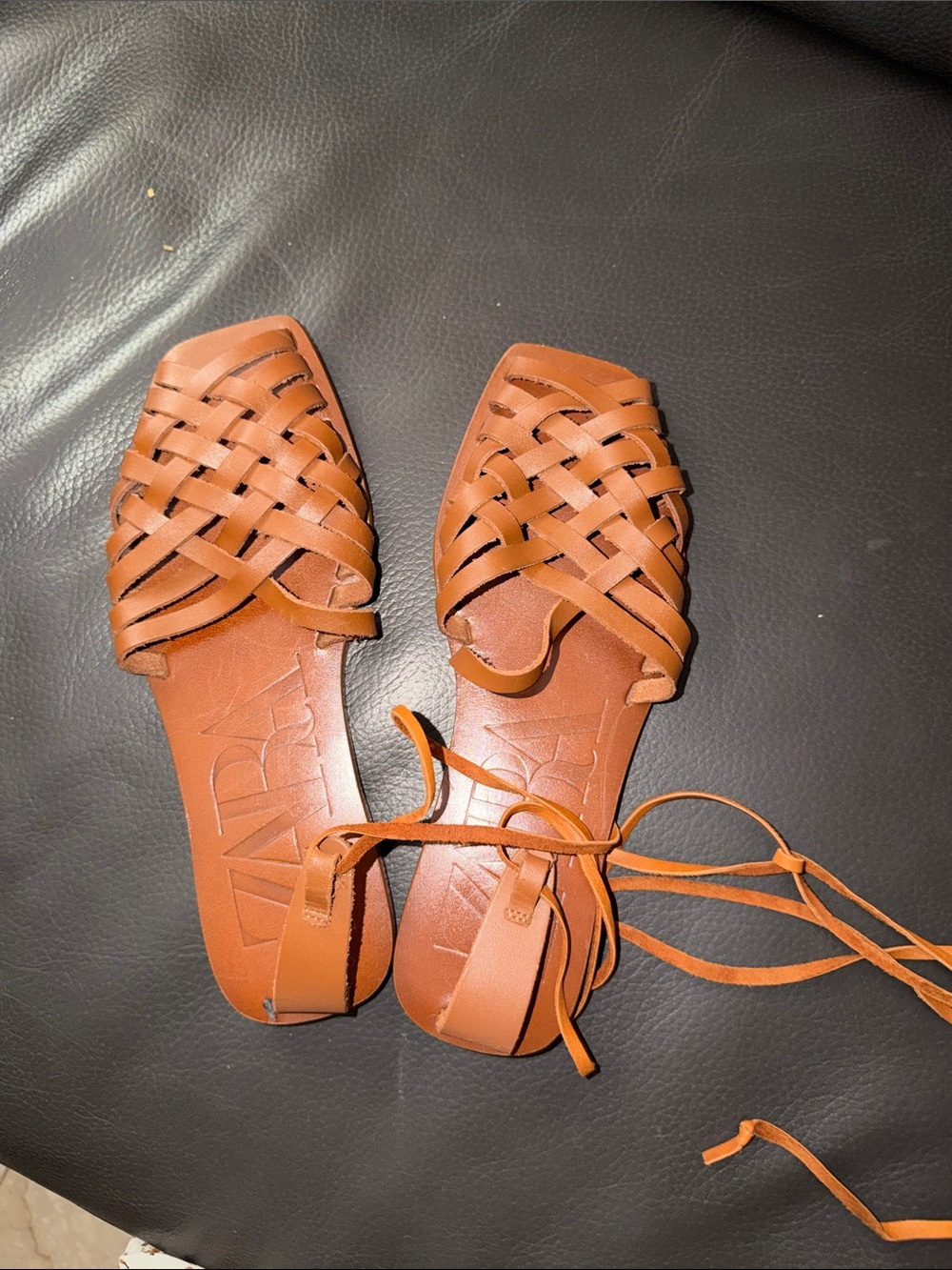 Women's Tan Woven Lace-Up Flat Sandals